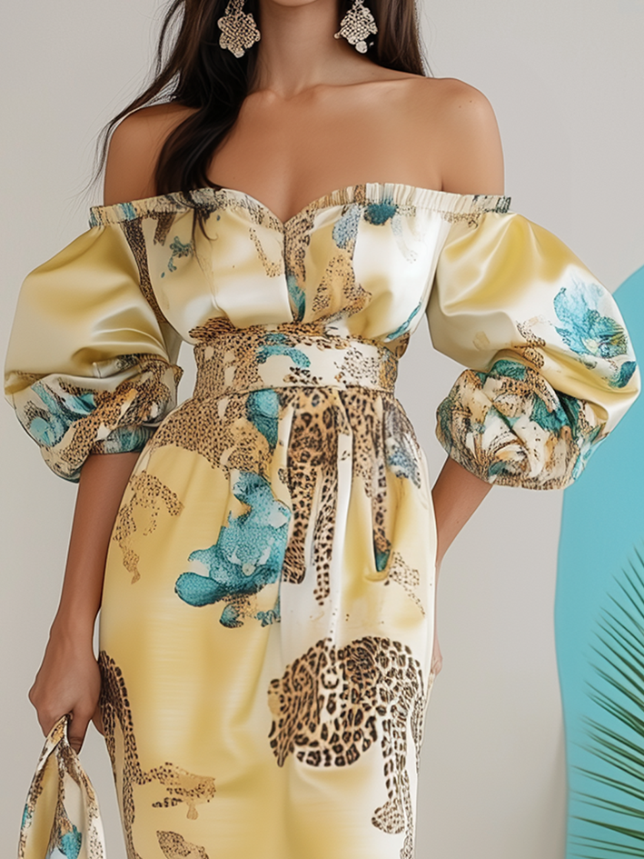 Off Shoulder Light Yellow Midi Bodycon Dress With Fashion Print