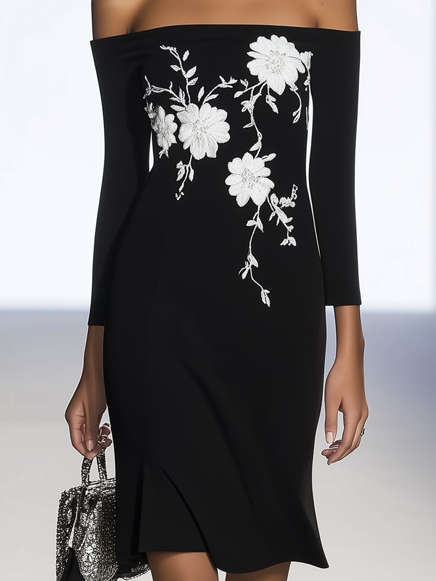 Off The Shoulder Black Midi Dress With White Flower Embroidery