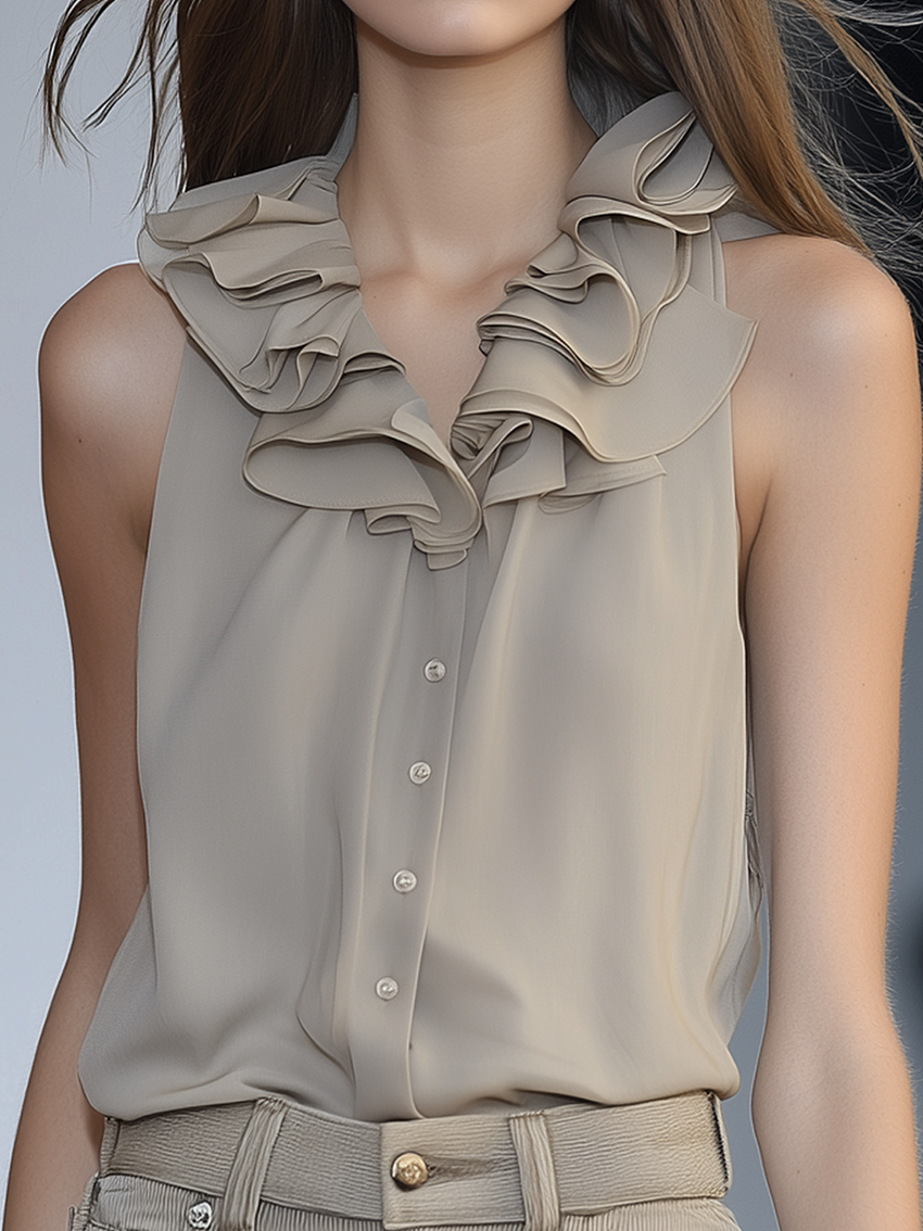 Sleeveless Gray Chiffon Blouse With Ruffled Neckline