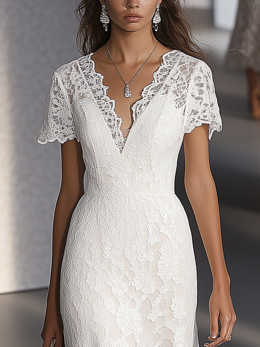 V-neck Short Sleeve White Lace Material Midi Dress