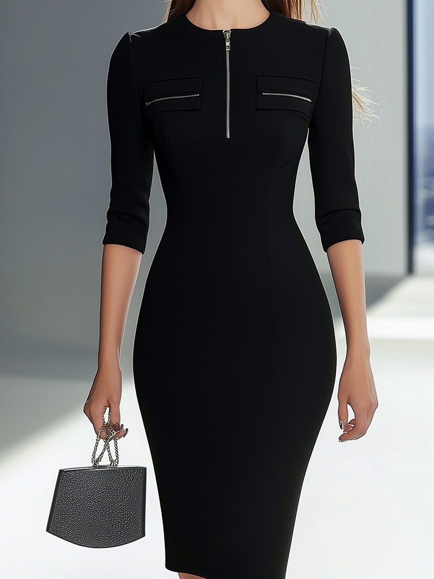 Black Round Neck Zipper Decoration Midi Bodycon Dress