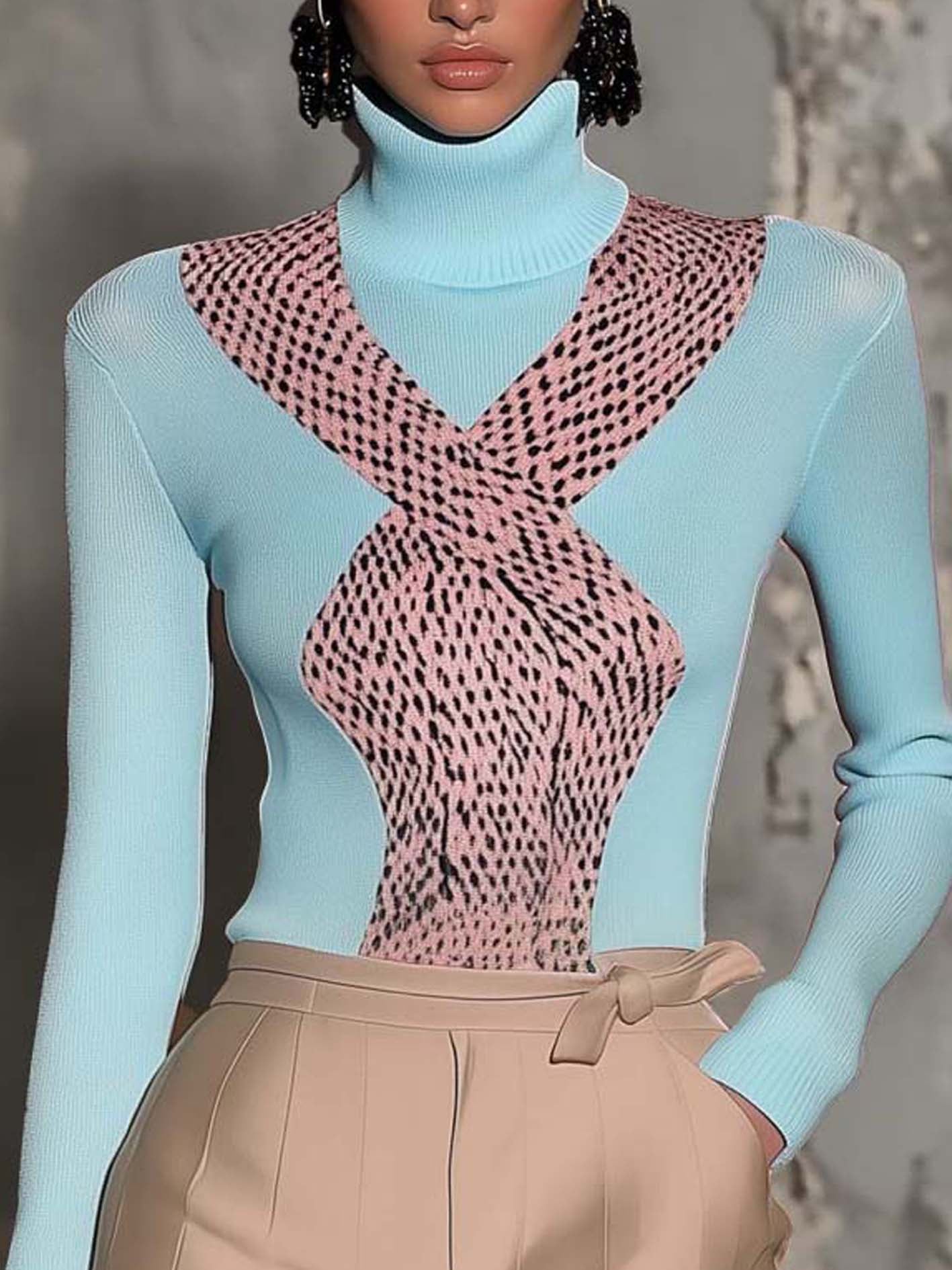 Light Blue Knitted T-shirt With Pink Snake Print