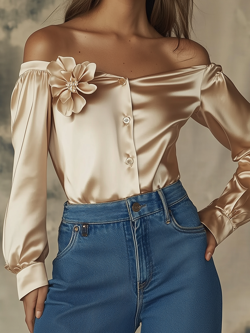 Off Shoulder Champagne Satin Blouse With 3D Flower