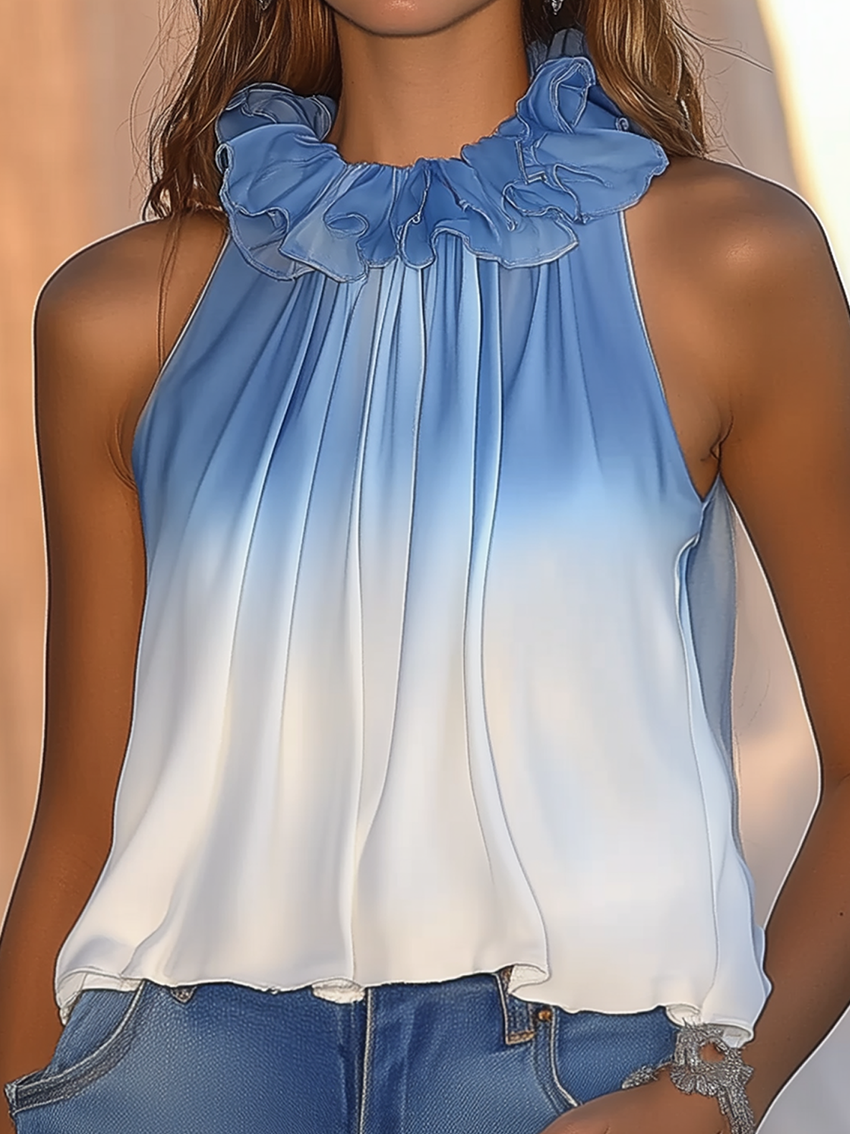 White Satin Shirt With Ruffled Neckline And Blue Gradient Print