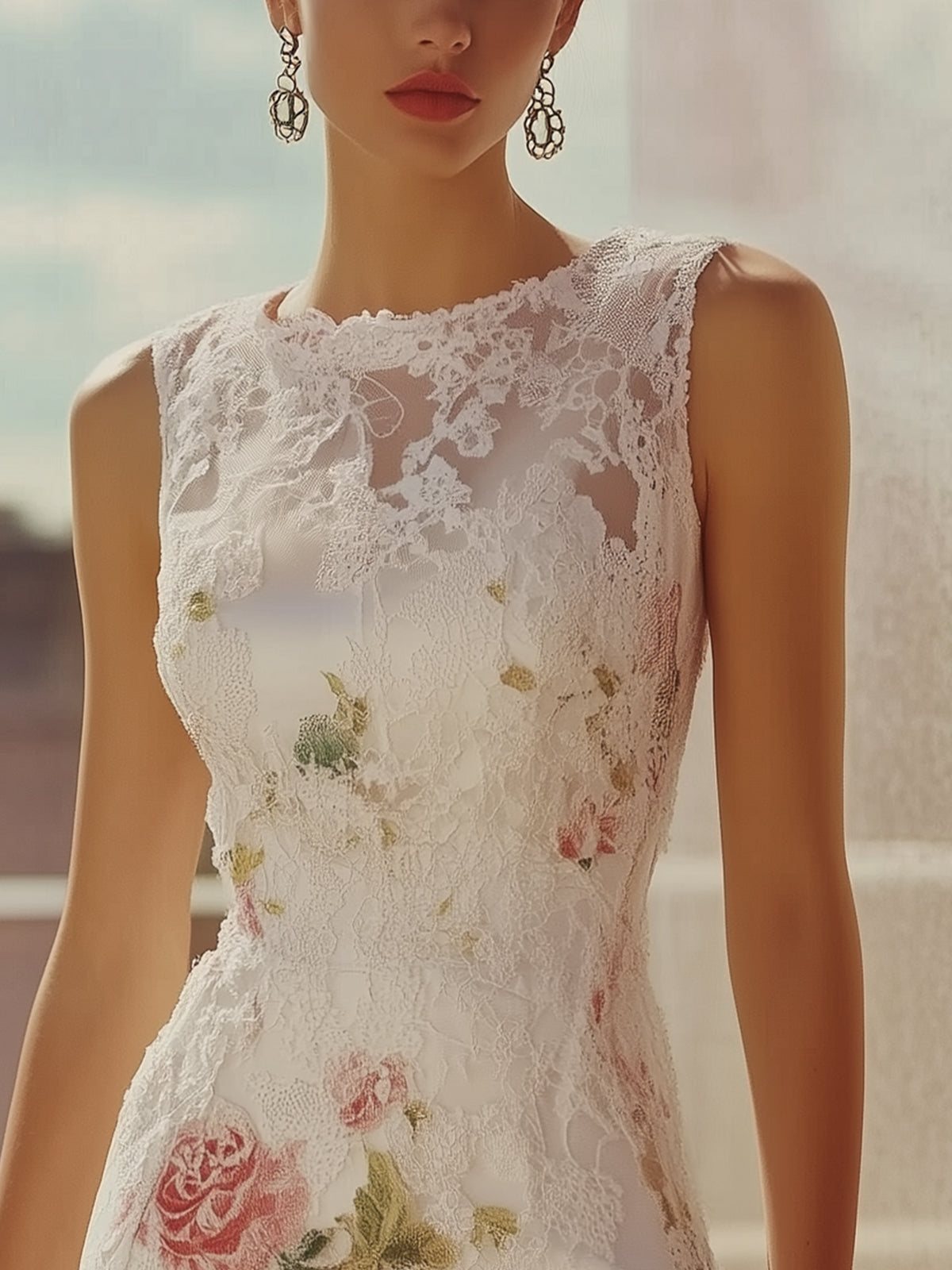 Elegant Sleeveless Floral Lace Dress