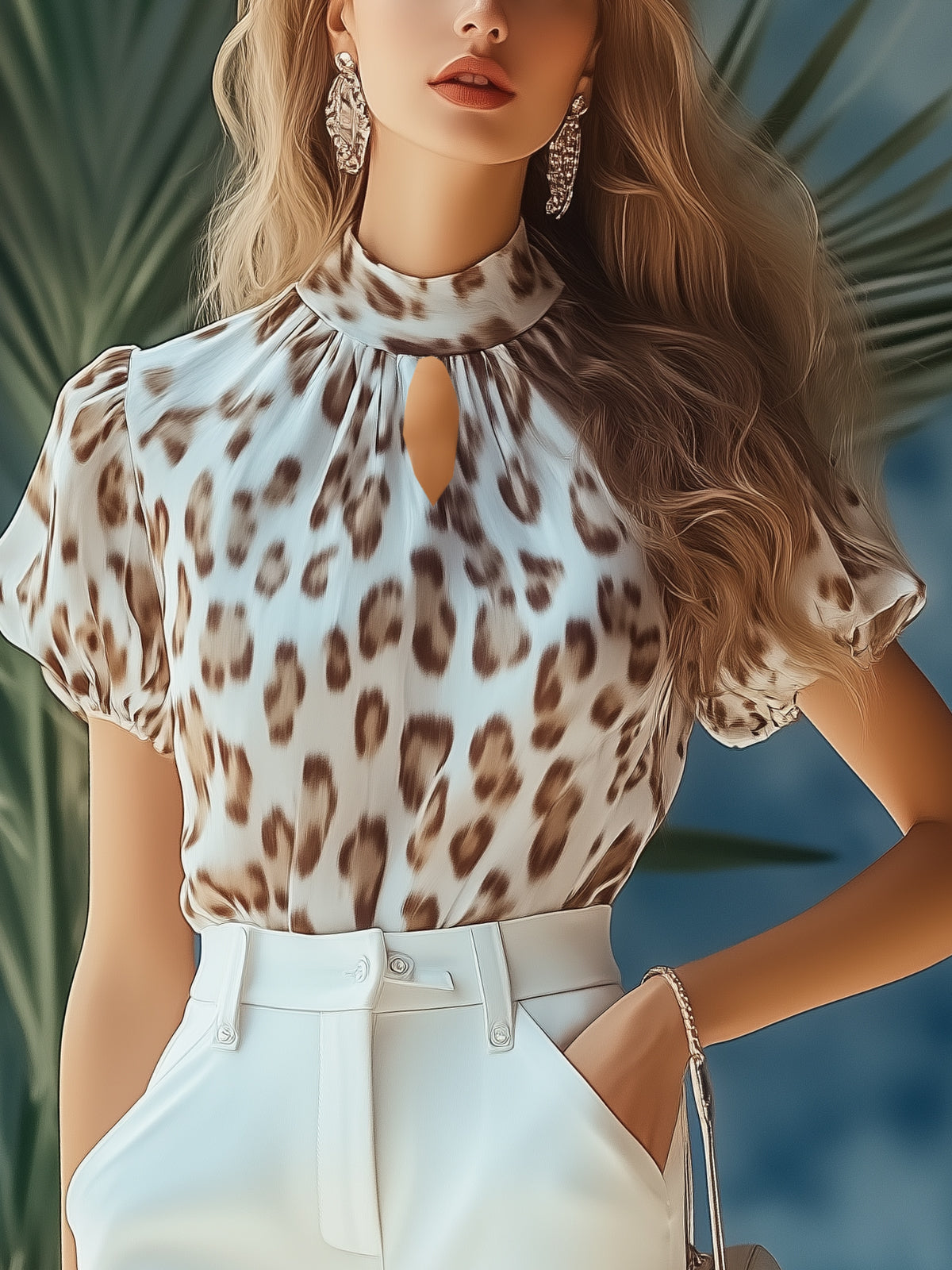 Trendy Leopard Print Chiffon Blouse with Cutout Neckline