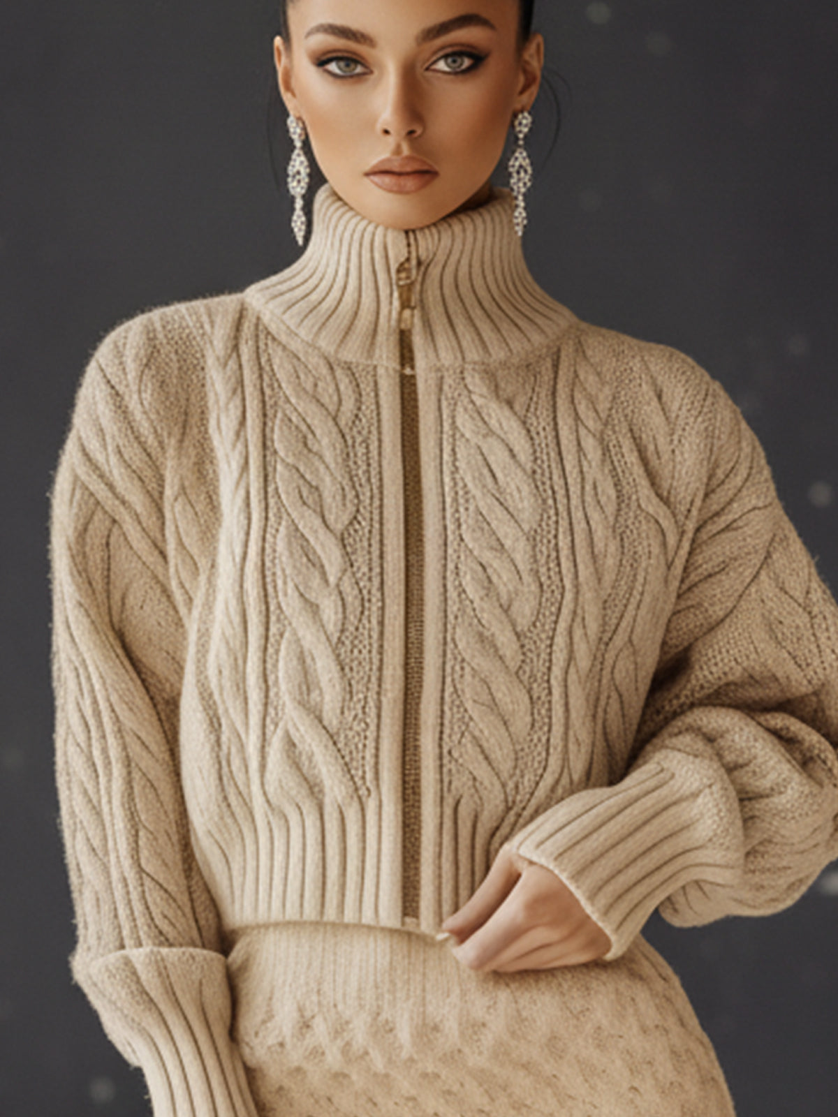 Khaki Cable Knit Sweater And Mini Skirt Set
