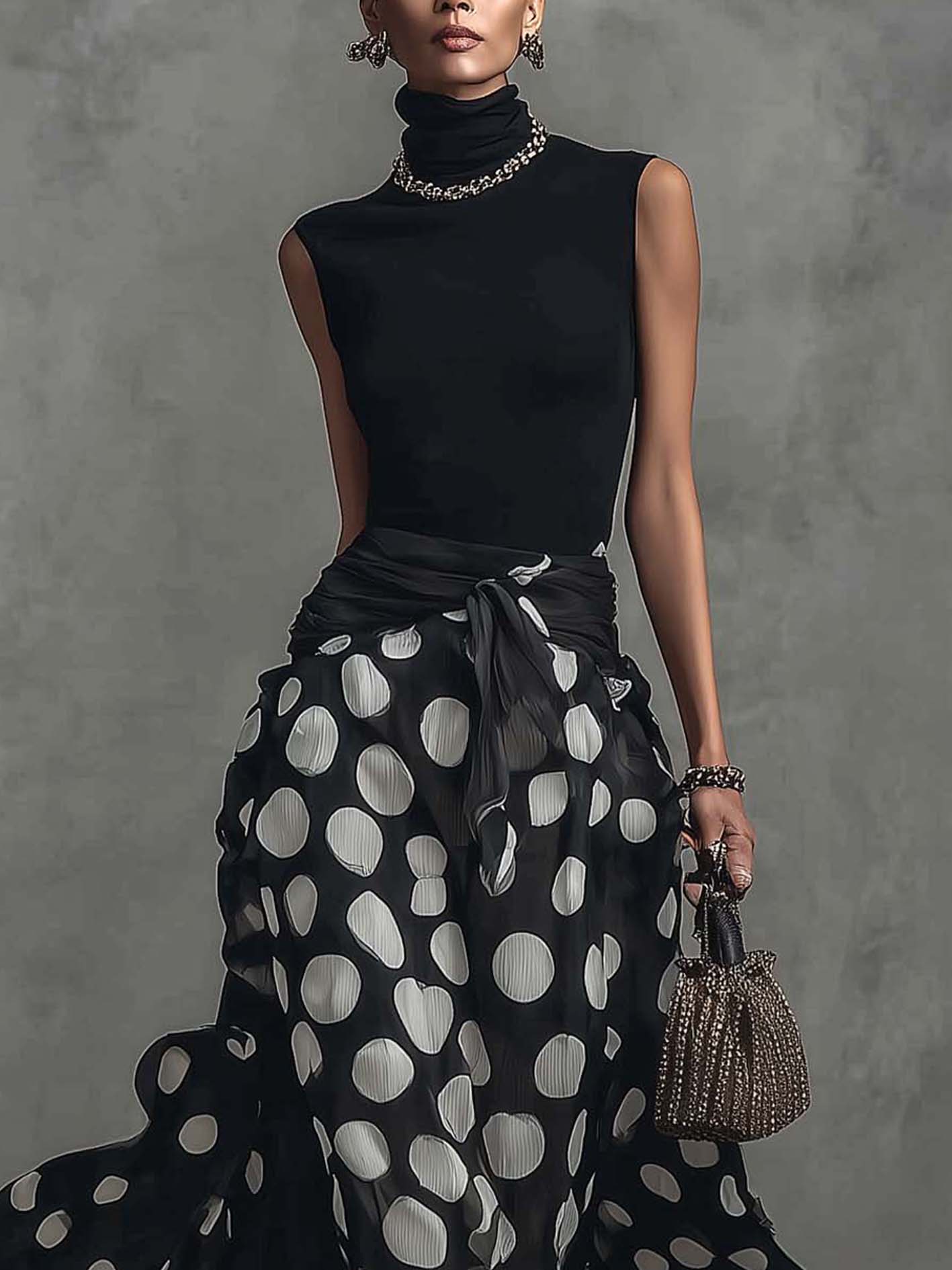 Black Sleeveless Polka Dot Maxi Dress