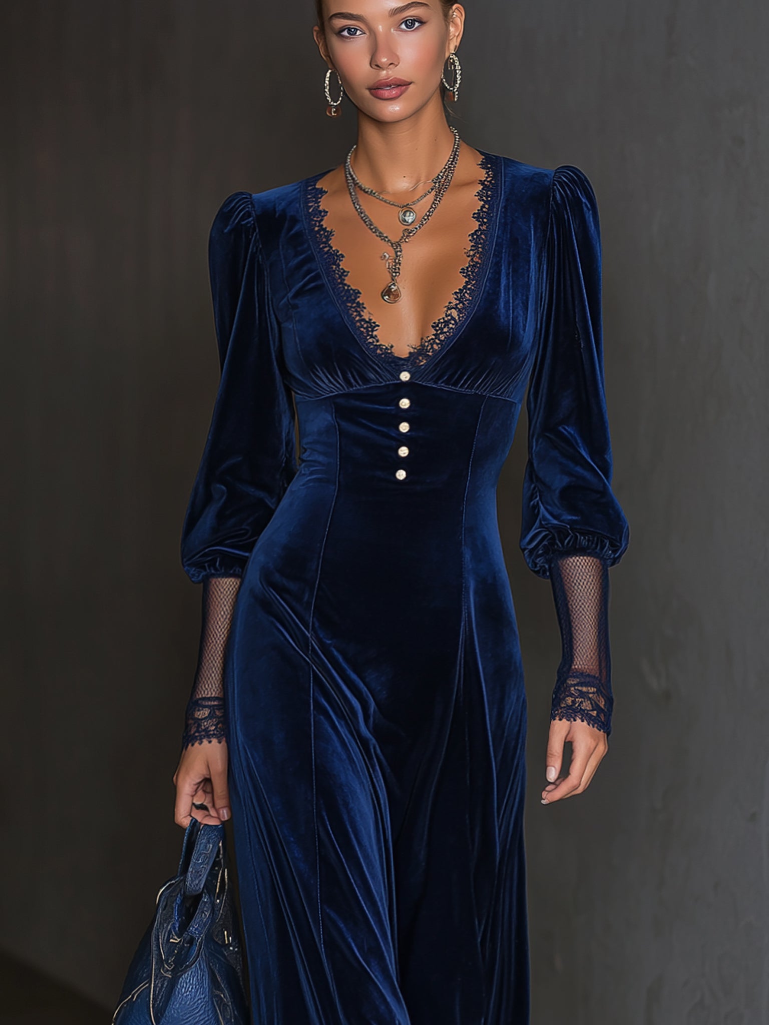 Midnight Blue Velvet Lace Trim Long Sleeve Midi Dress