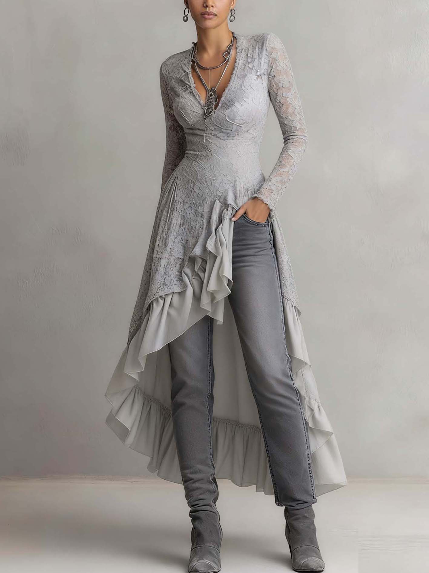 Gray Lace Ruffled Patchwork Midi Dress