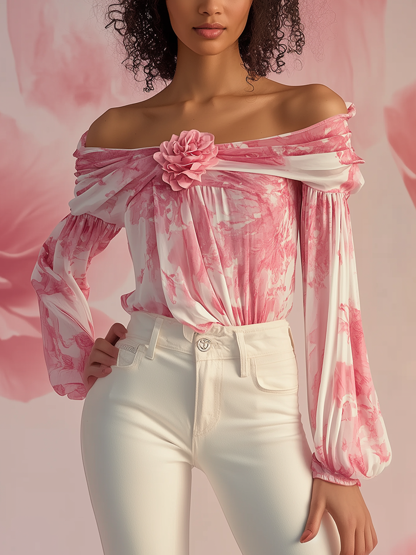 Off Shoulder White Shirt With Pink Flower Print With 3D Flowers