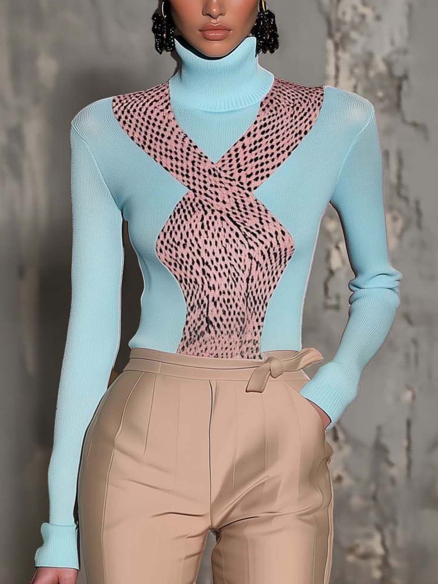 Light Blue Knitted T-shirt With Pink Snake Print