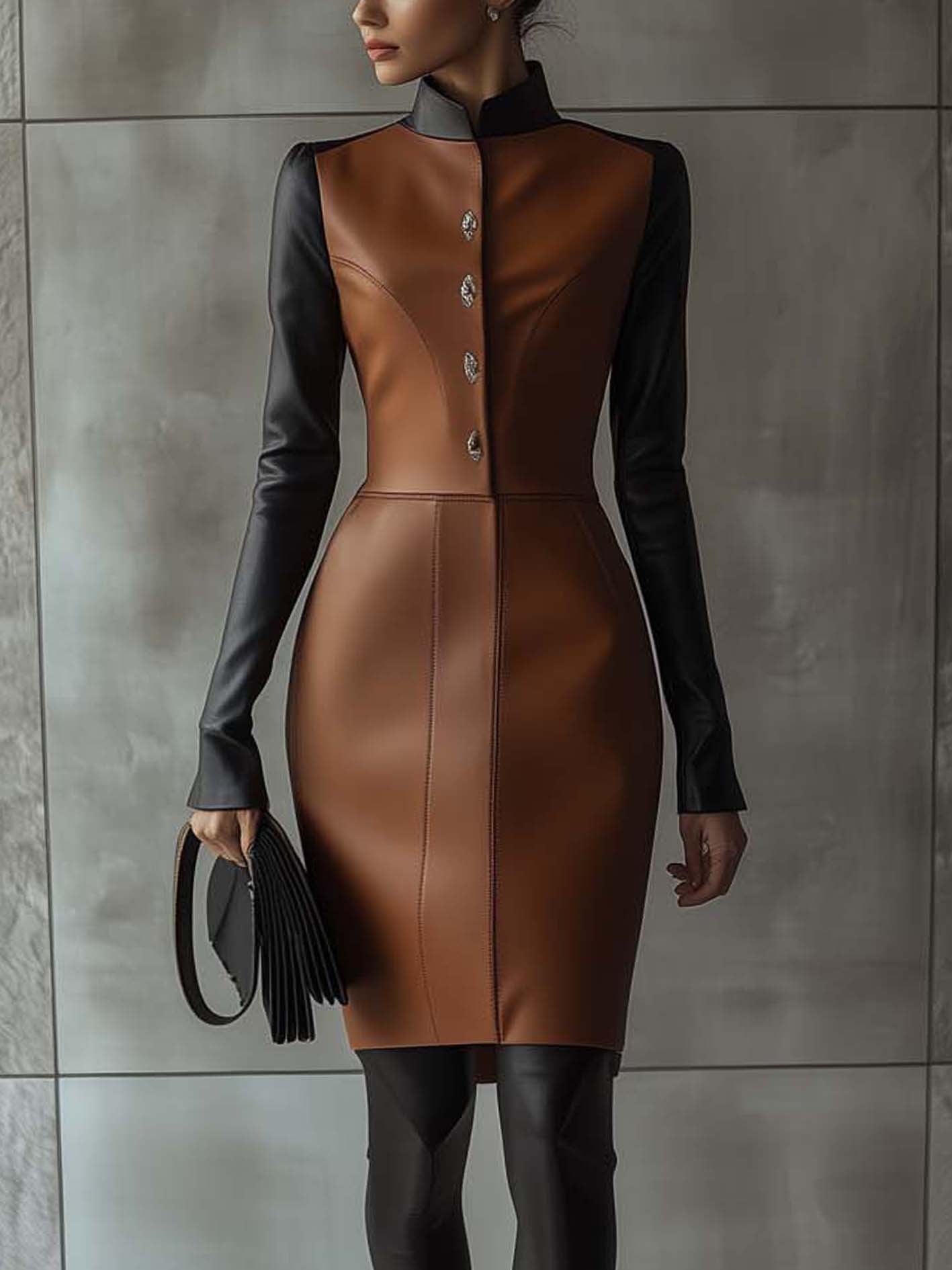 Elegant Brown Faux Leather Midi Bodycon Dress With Stand-up Collar