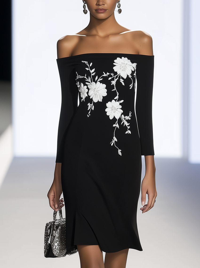 Off The Shoulder Black Midi Dress With White Flower Embroidery