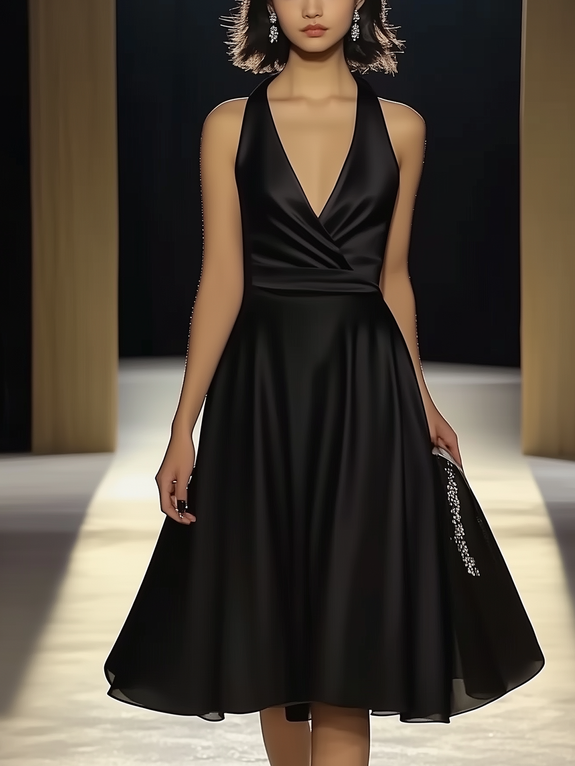 Sleeveless Fashion Classic Black Satin Midi Dress