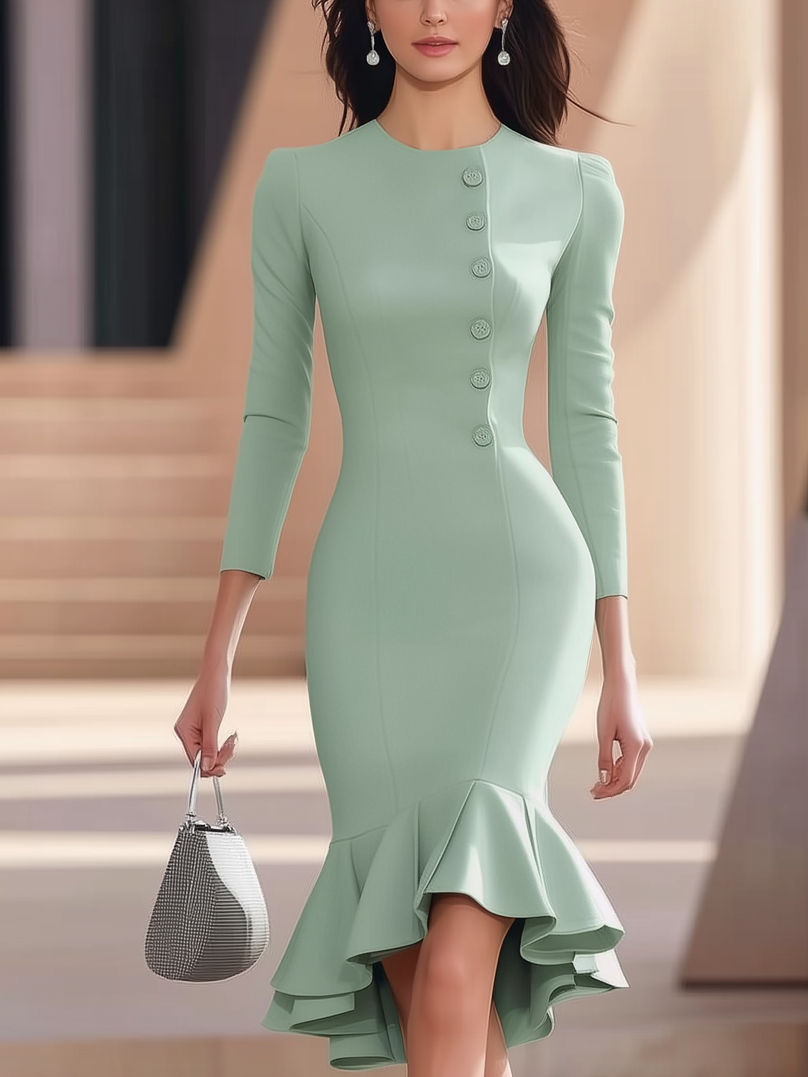 Mint Green Midi Bodycon Dress With Ruffles