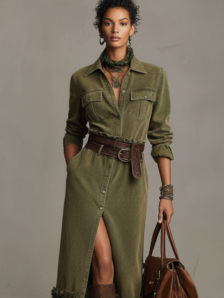 Green Vintage Wash Denim Maxi Dress With Lace Hem