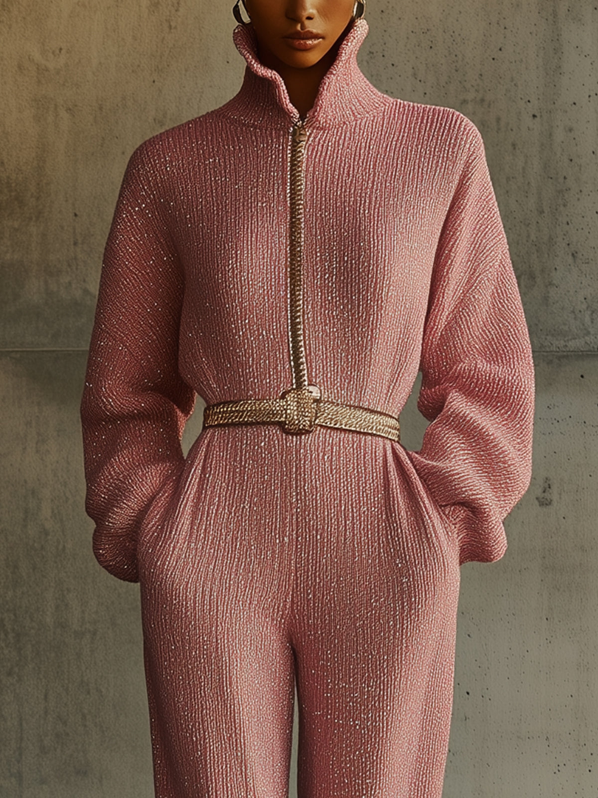 Pink Sparkling Zip-Up Turtleneck Jumpsuit