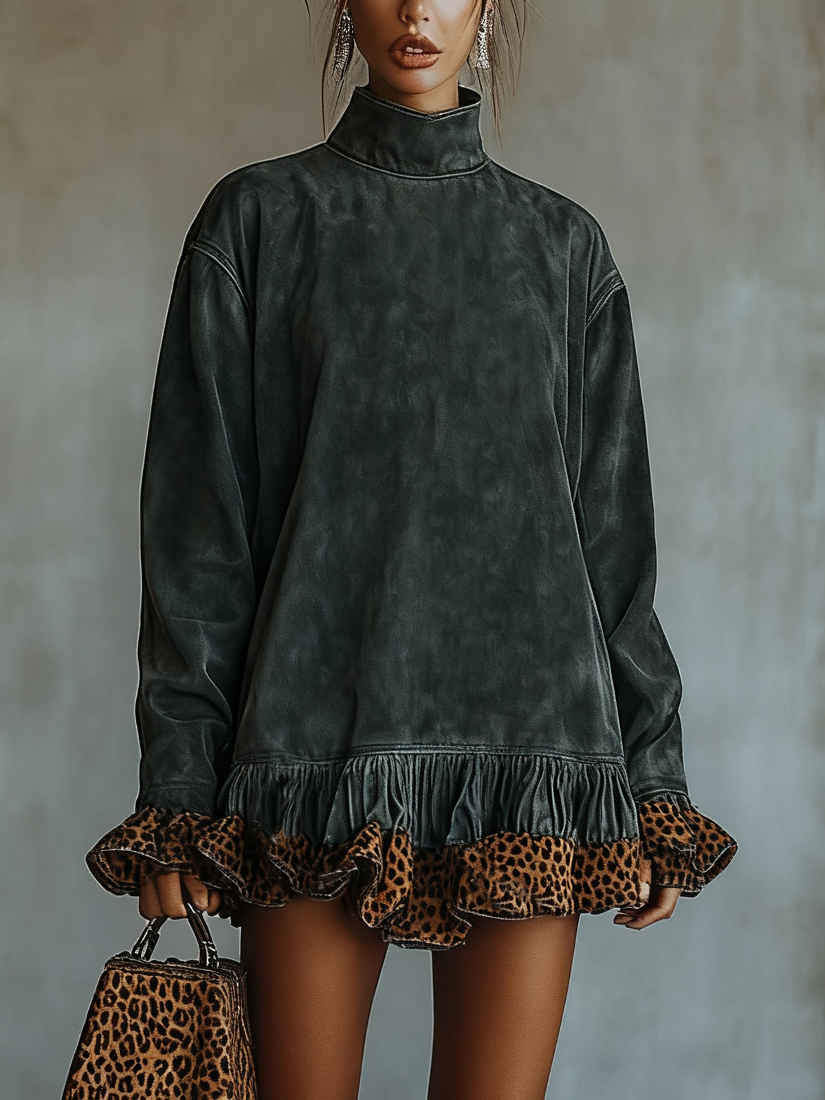 Gray Mock Neck Dress With Leopard Ruffle Hem