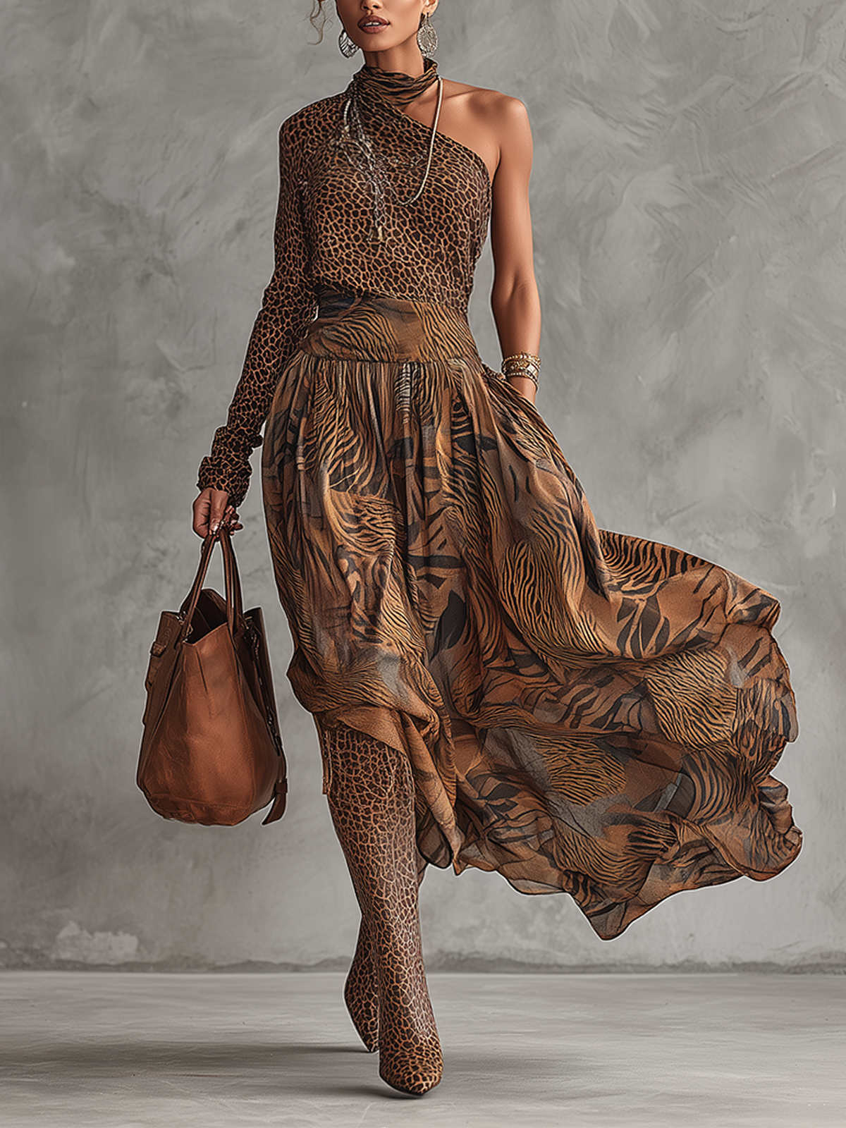 One-Shoulder Mixed Animal Print Chiffon Maxi Dress