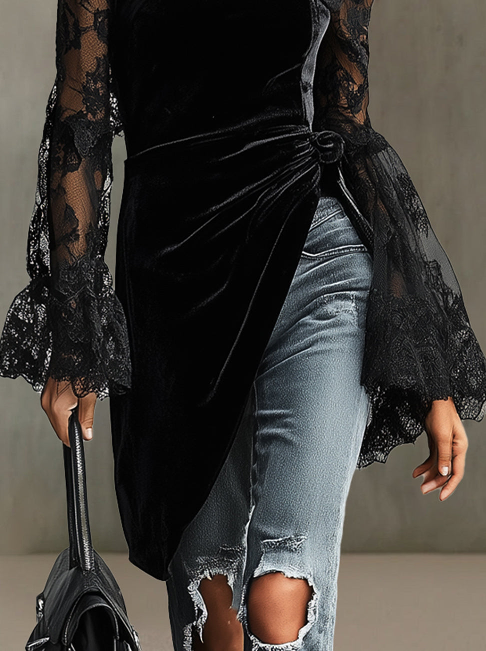 Black Velvet One-Shoulder Top With Lace Sleeves And Draped Asymmetric Hem
