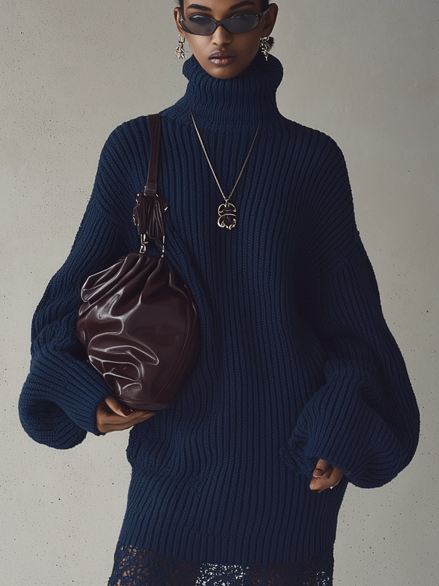 Navy Turtleneck Ribbed Knit Mini Dress With Lace Hem
