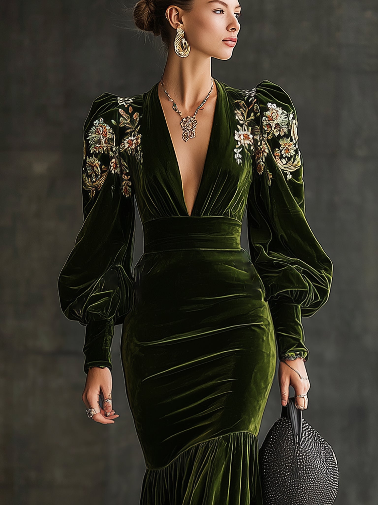 Emerald Velvet Embroidered V-Neck Long Sleeve Bodycon Dress