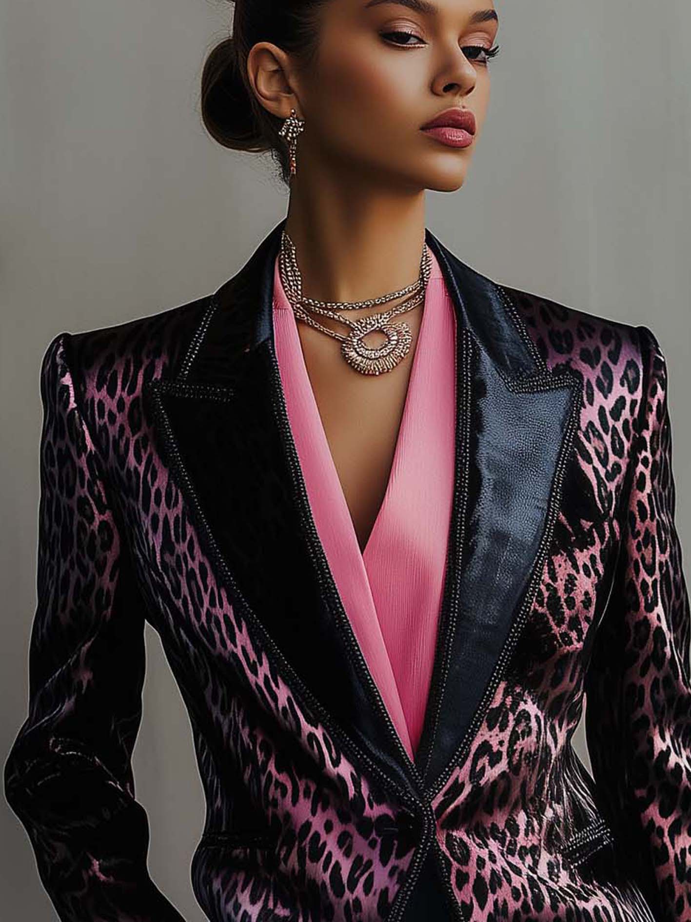 Pink Satin Blazer With Black Leopard Print And Web Trim