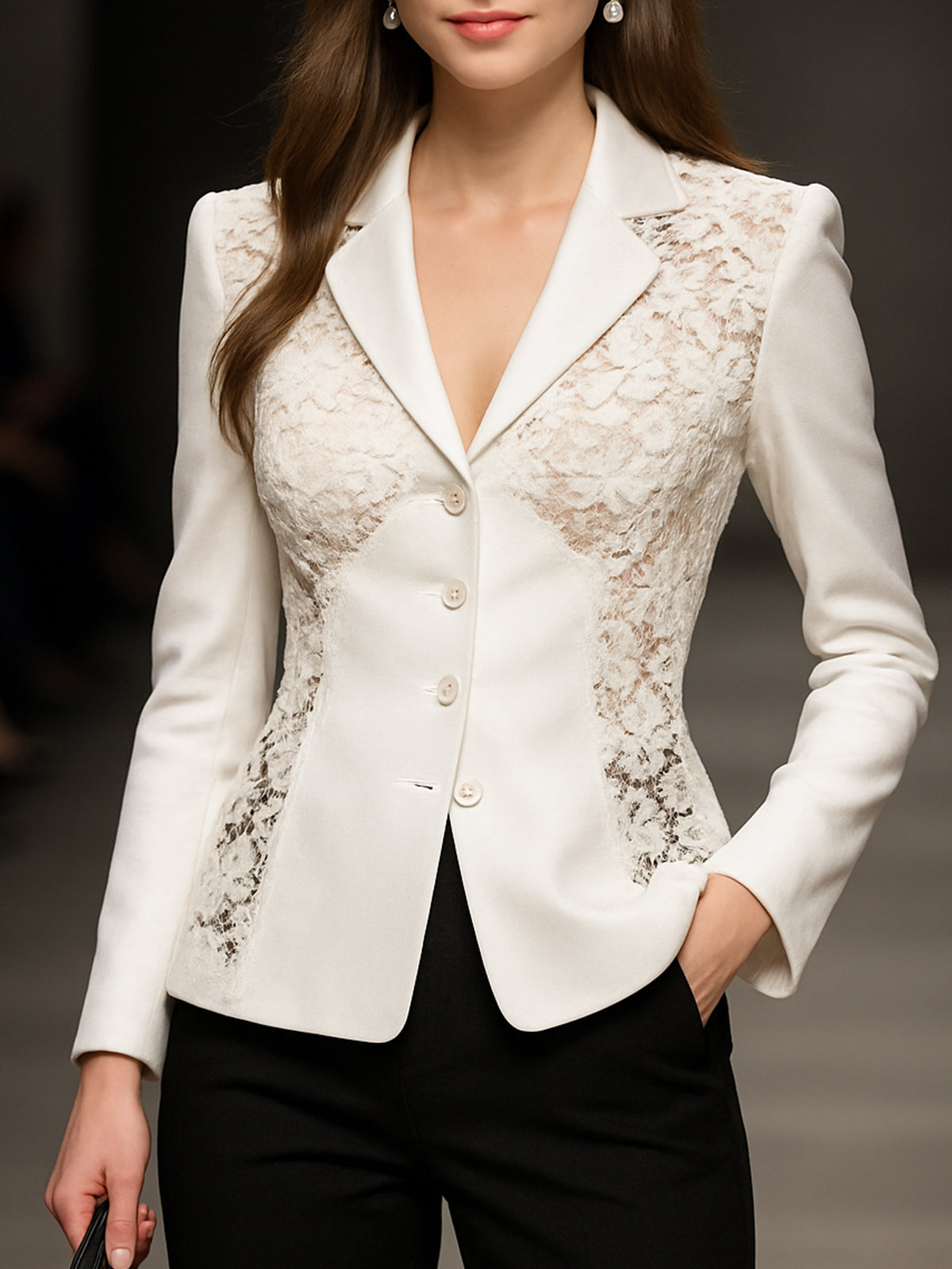 Sophisticated White Lace-Panelled Blazer With Tailored Fit