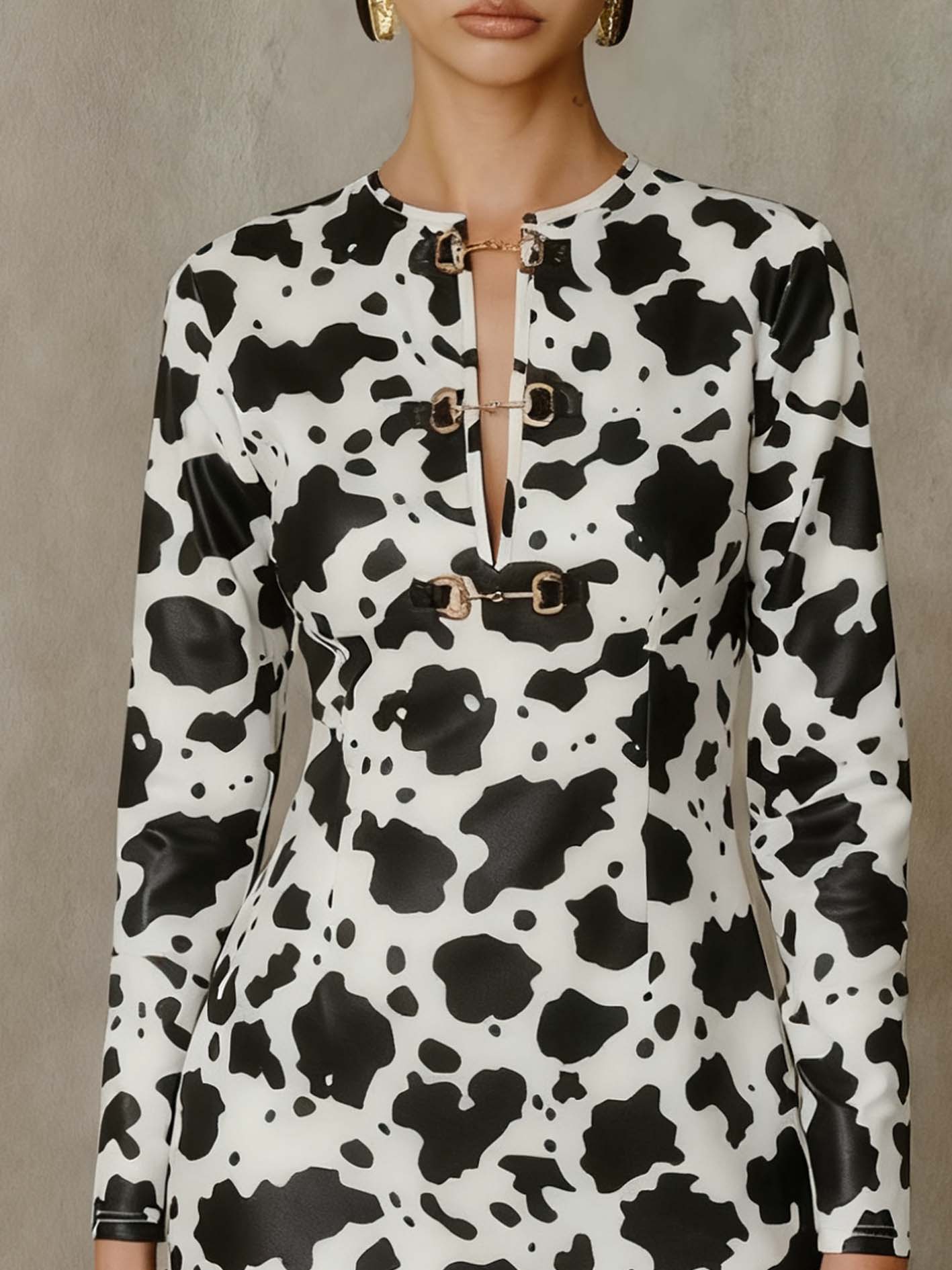 Buttoned Cow-print White Faux Leather Mini Dress