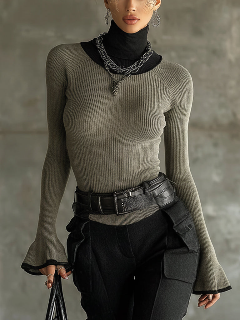 Sage Green Ribbed Turtleneck Flare Sleeve Top