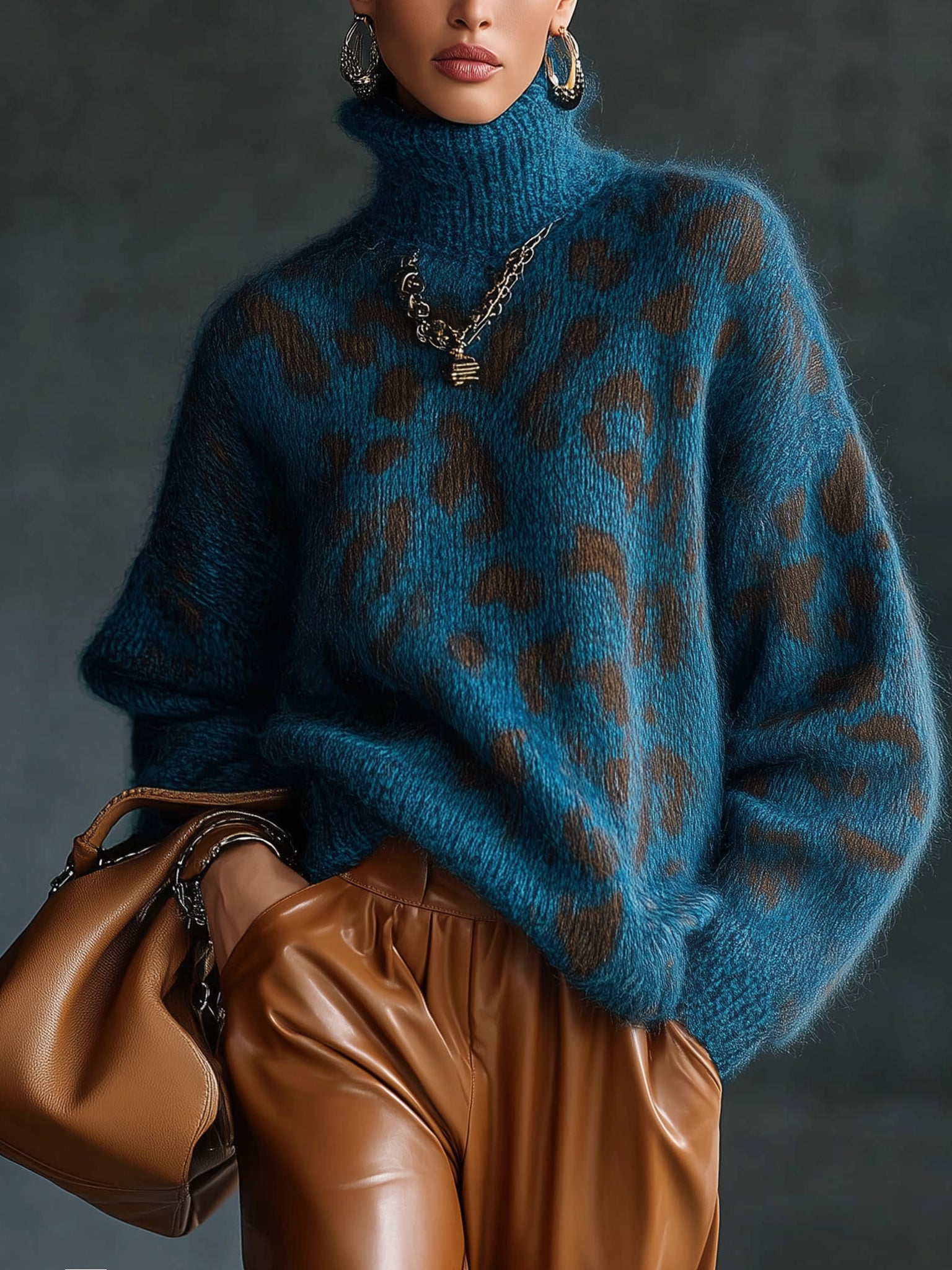 Teal Leopard  Print Mohair Turtleneck Loose Fit Sweater