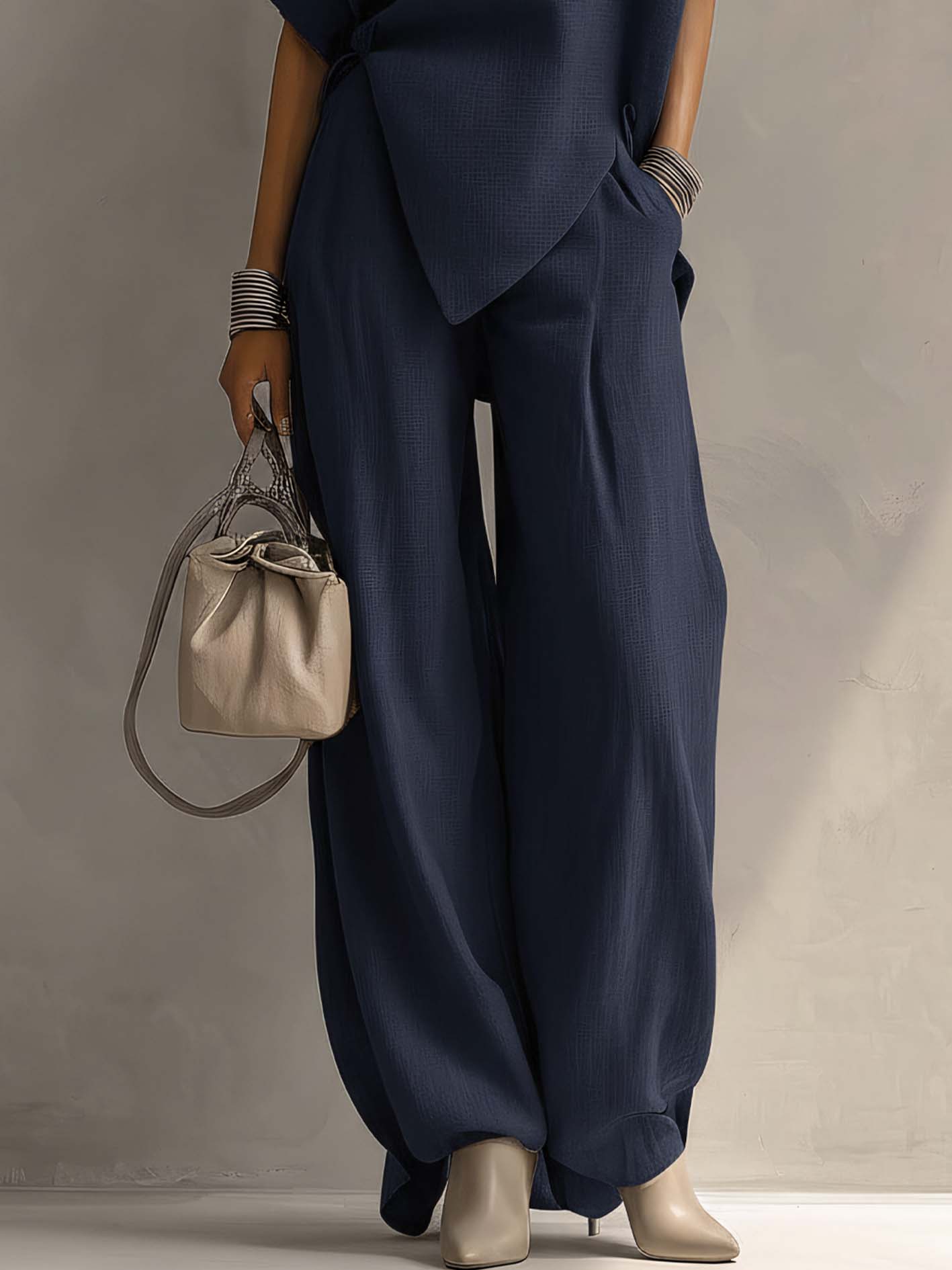 Navy Blue Cotton Linen Two-Piece Set