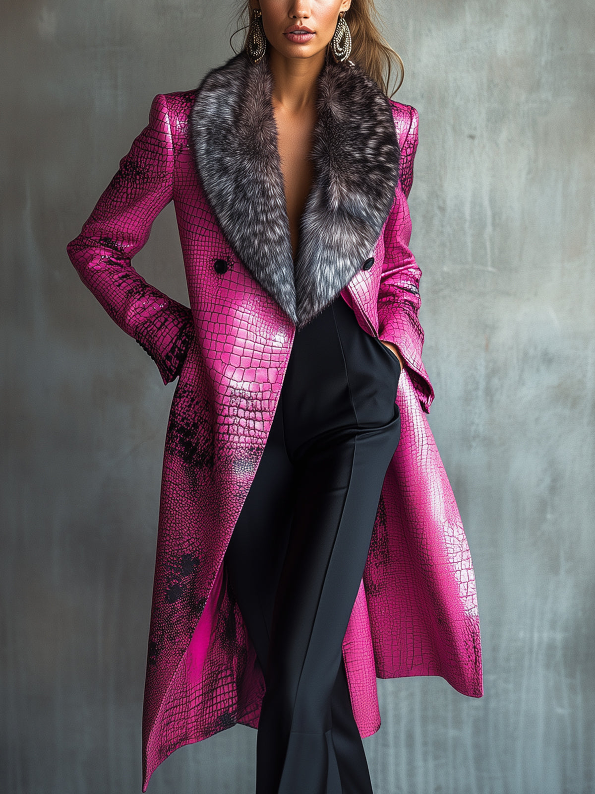 Rose Faux Crocodile Fur Collar Coat