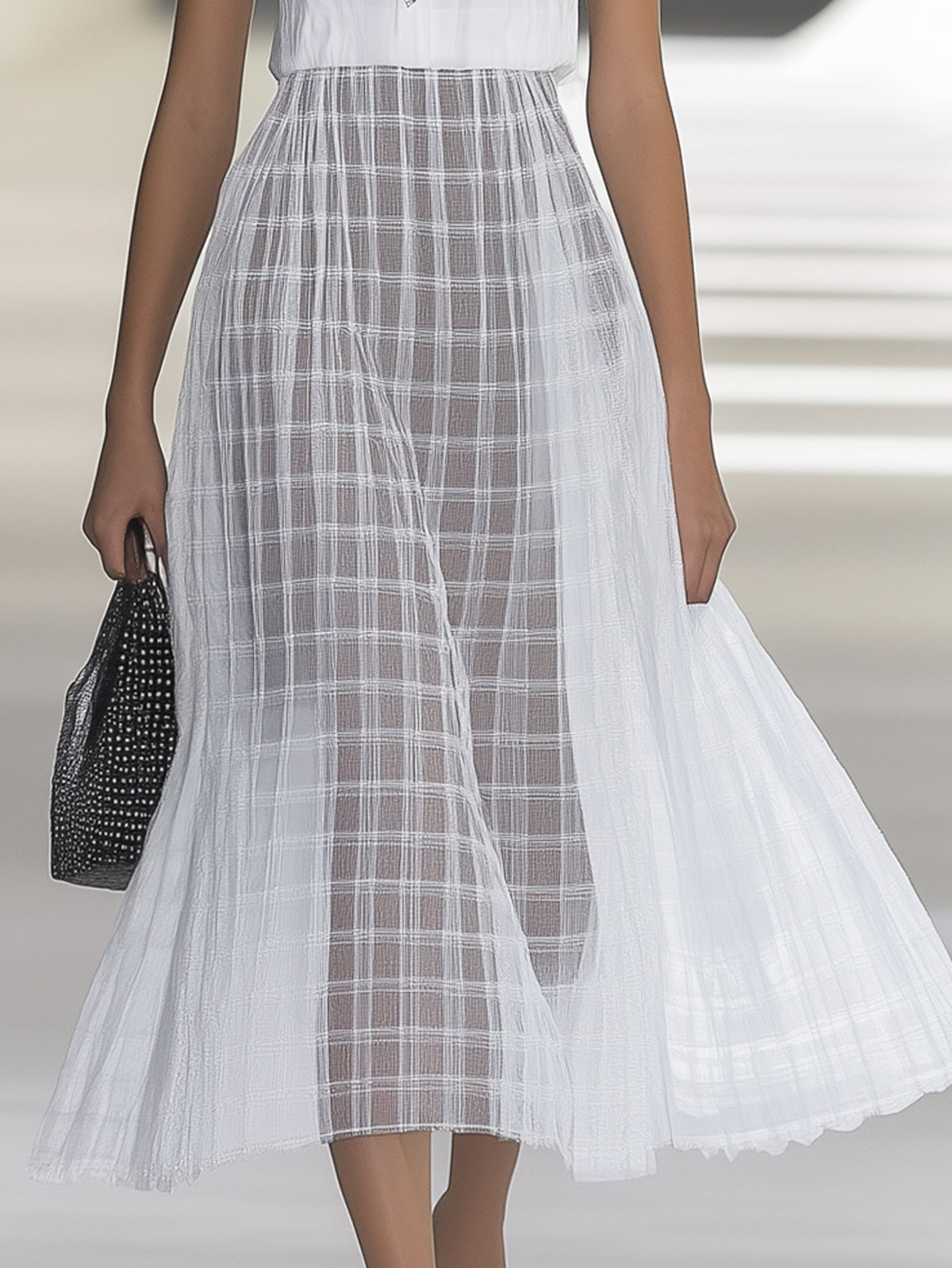 White Plaid Sheer Flowy A Line Collared Sleeveless Midi Dress
