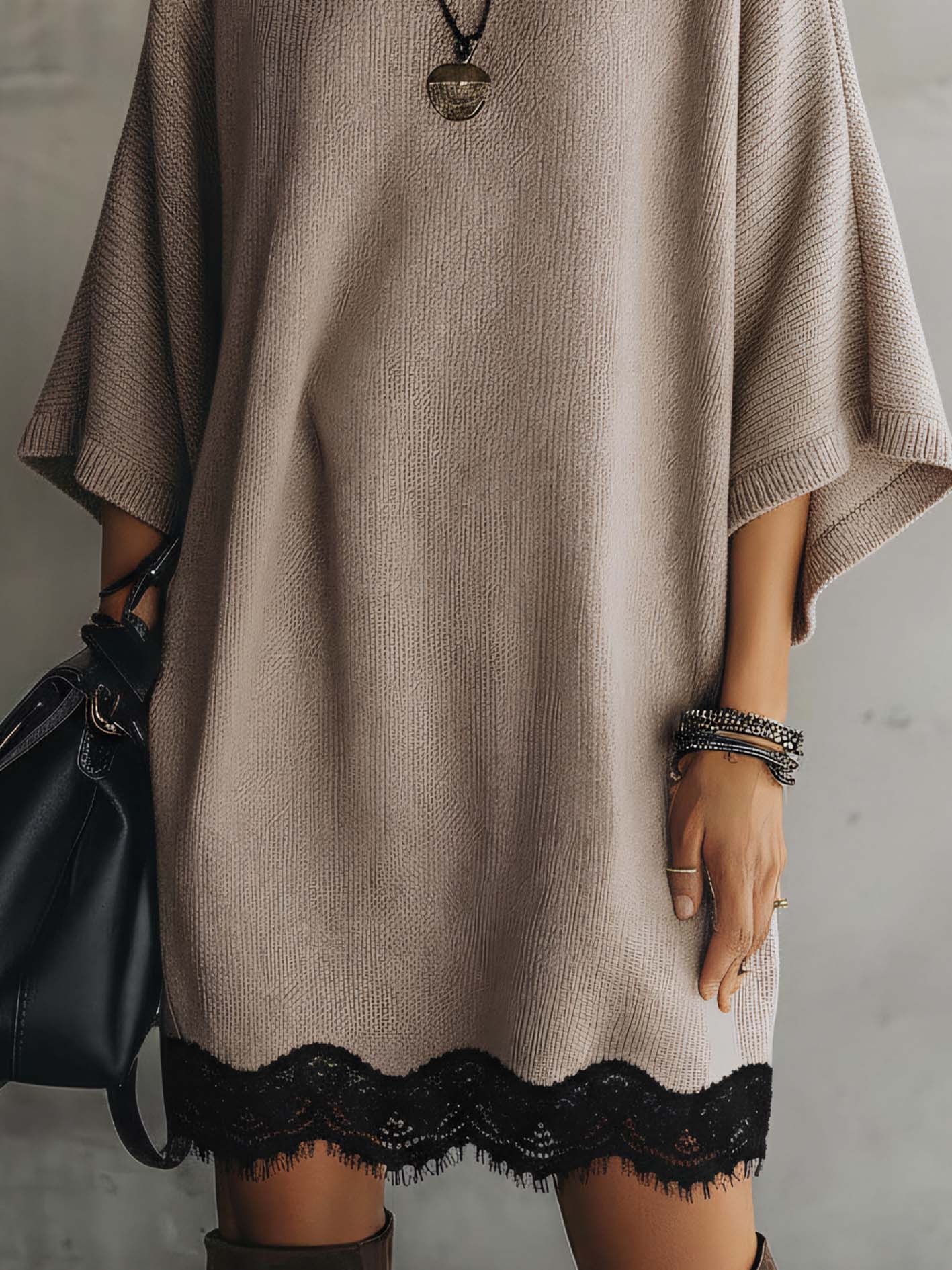 Deep Oatmeal Knit Mini Dress Loose Fit Soft Texture With Lace