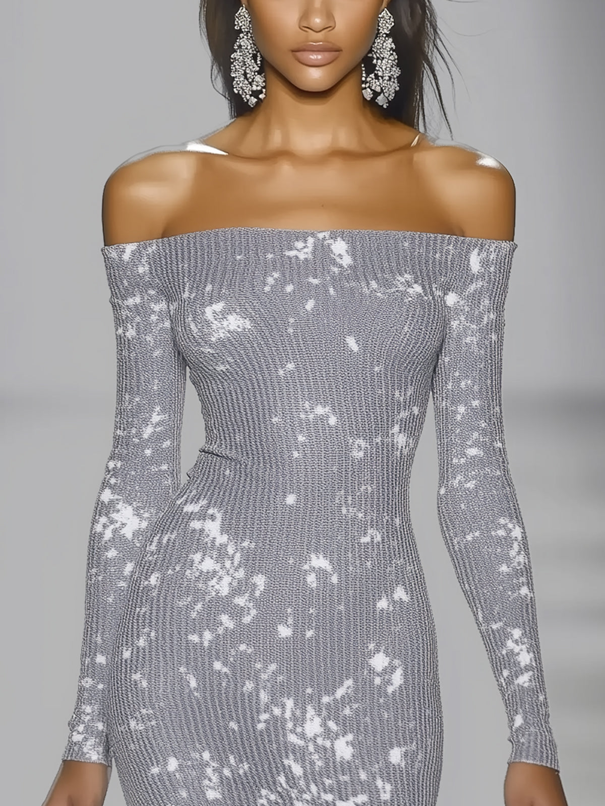 Gray Knit Fitted Off Shoulder Long Sleeve Midi Dress