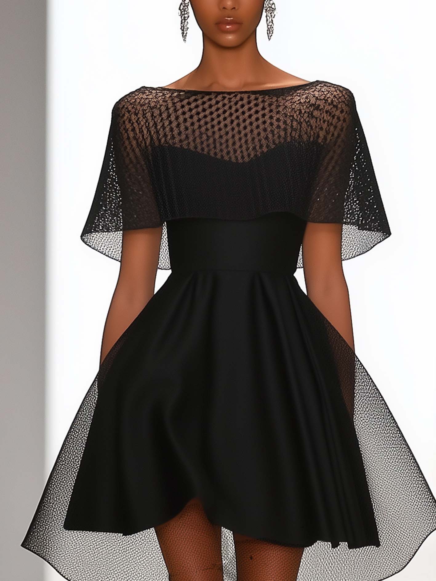 Black Satin Mini Dress With Mesh Cape