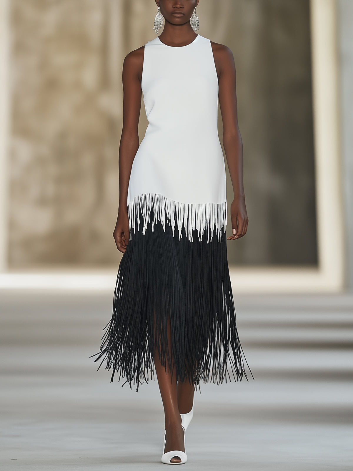 White Crepe Fringe Detail Crew Neck Sleeveless Midi Dress