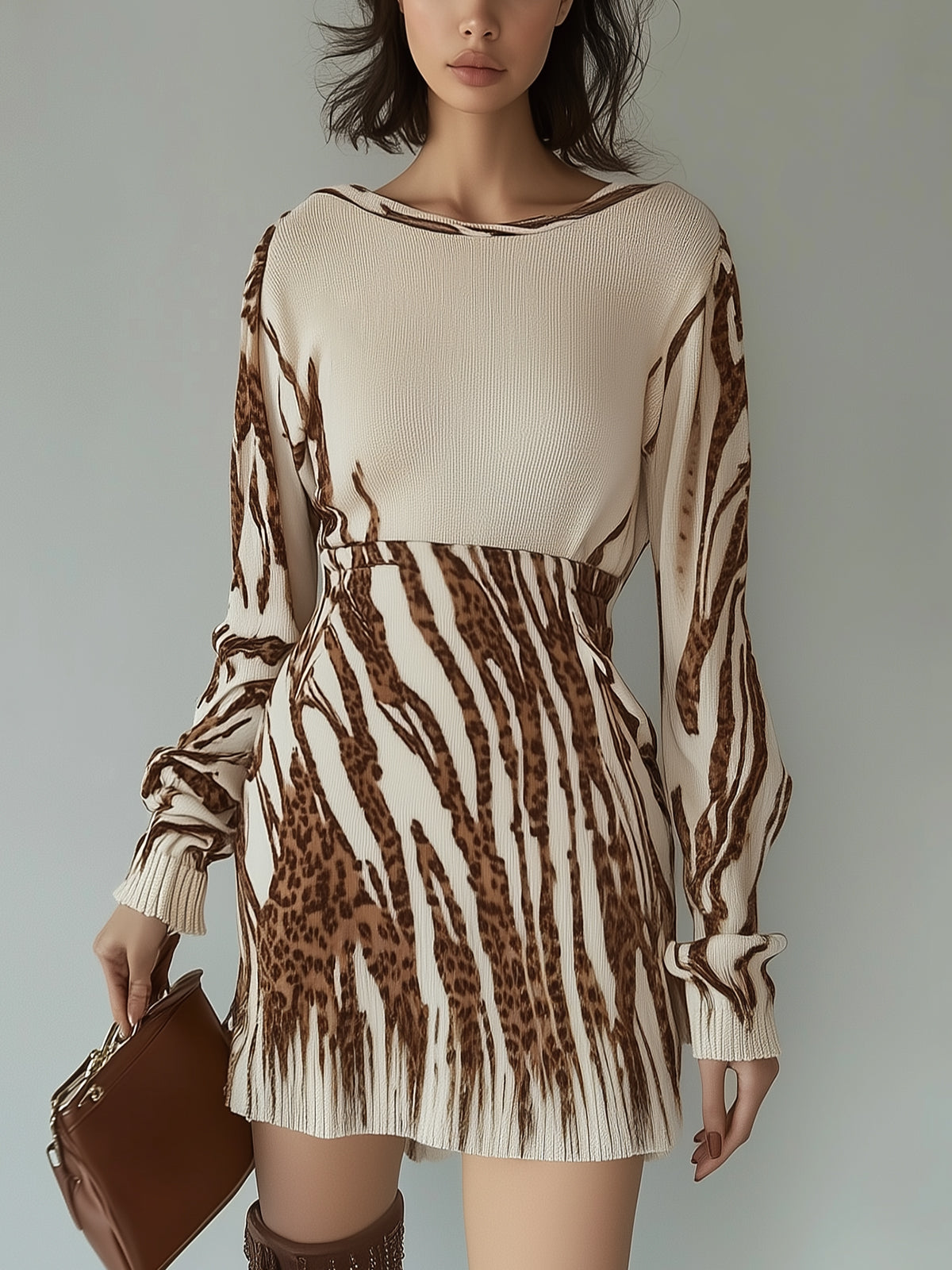 Printed Ribbed Knit Long Sleeve Mini Dress