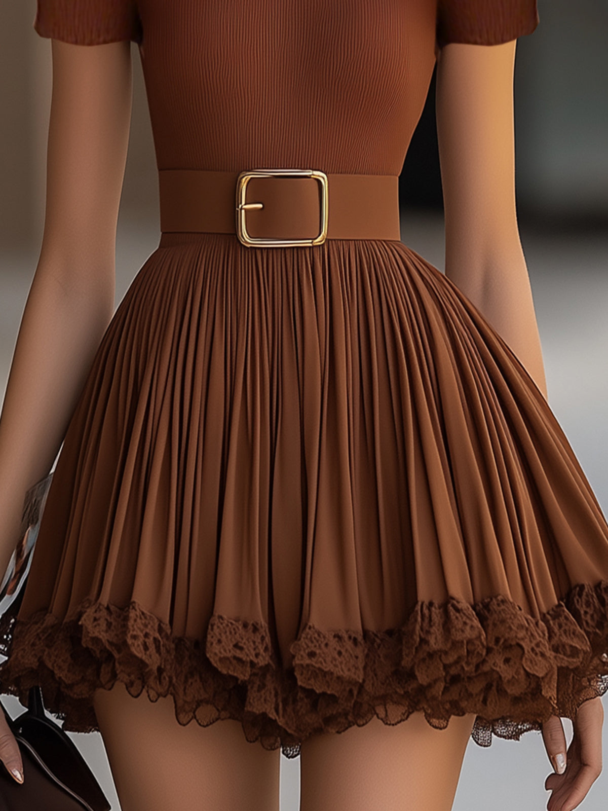 Brown Pleated Dress With Lace Trim