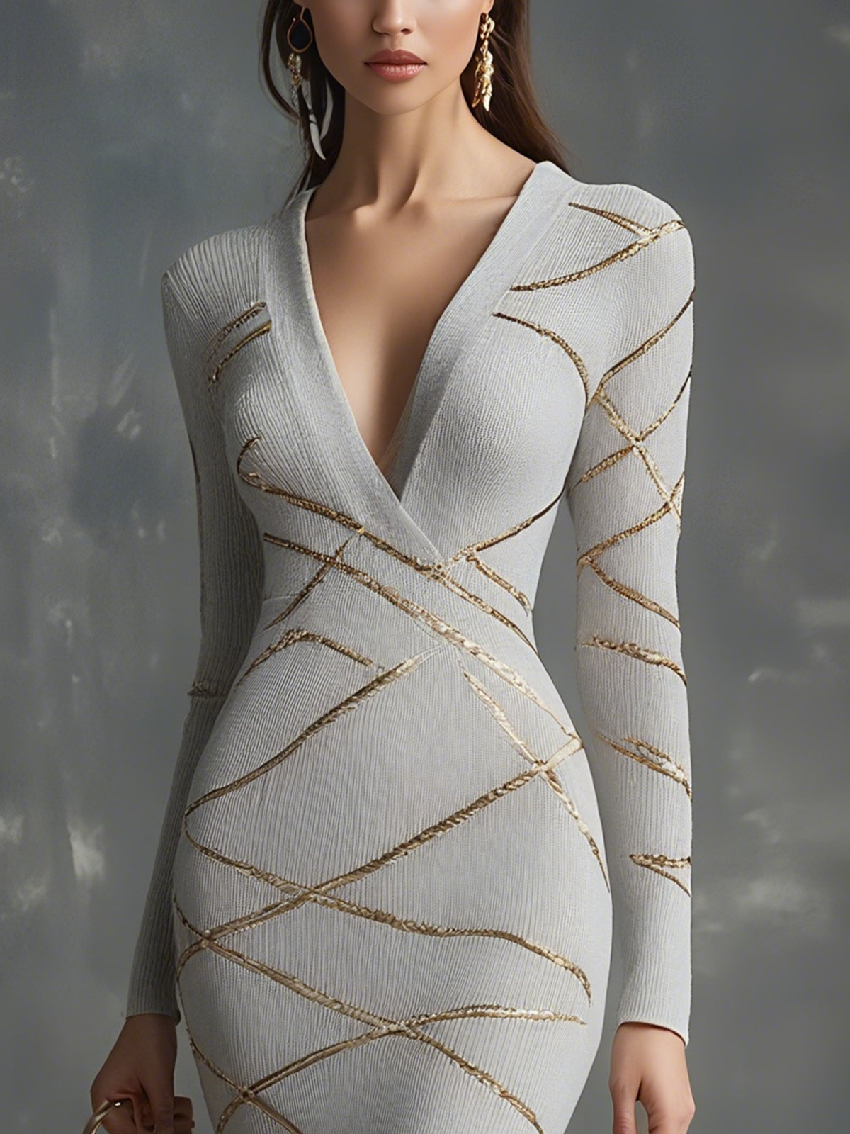 V-Neck Knit Bodycon Dress With Metallic Gold Accents