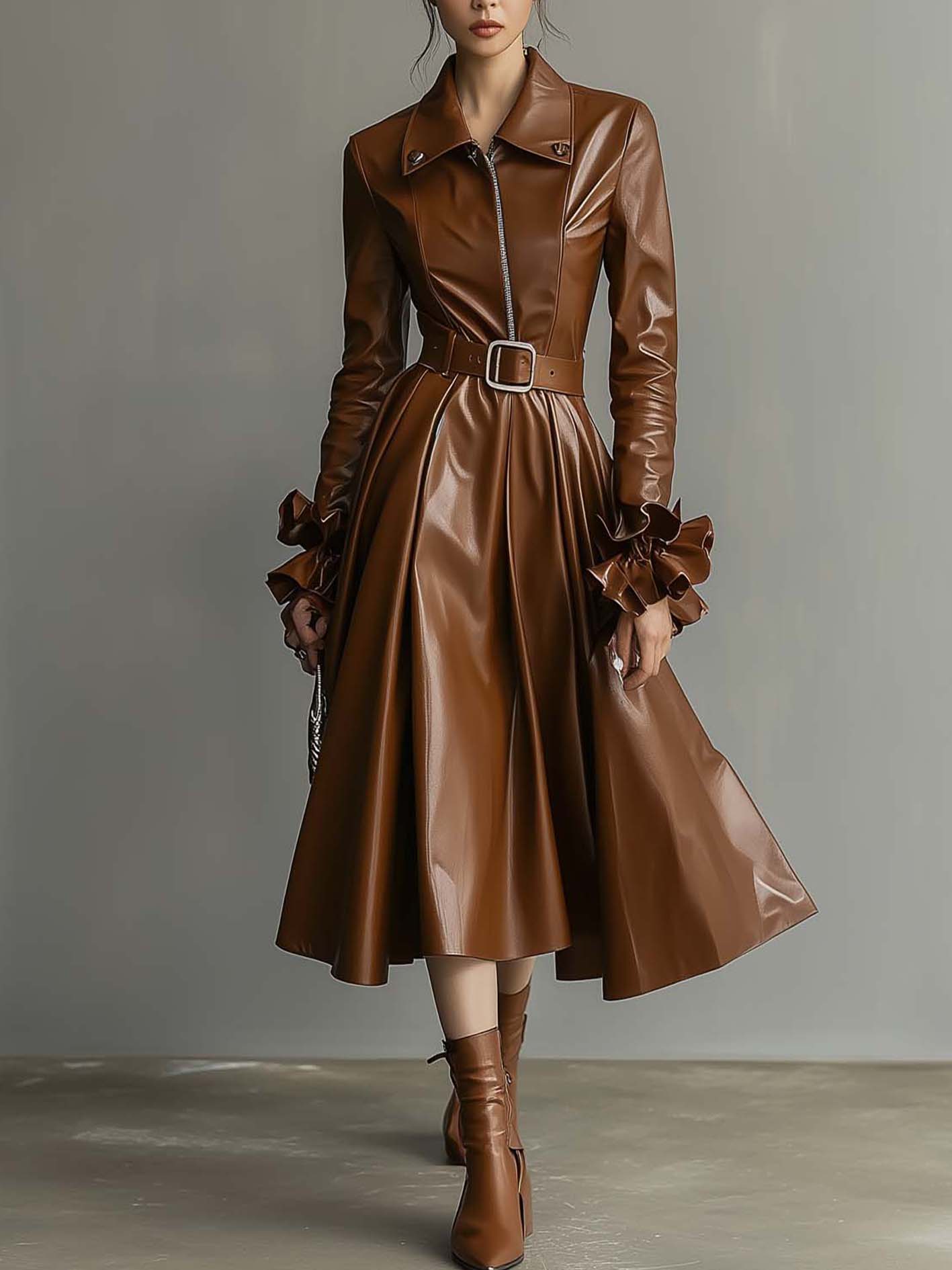 Brown Faux Leather Midi Dress With Lapel And Ruffled Cuffs