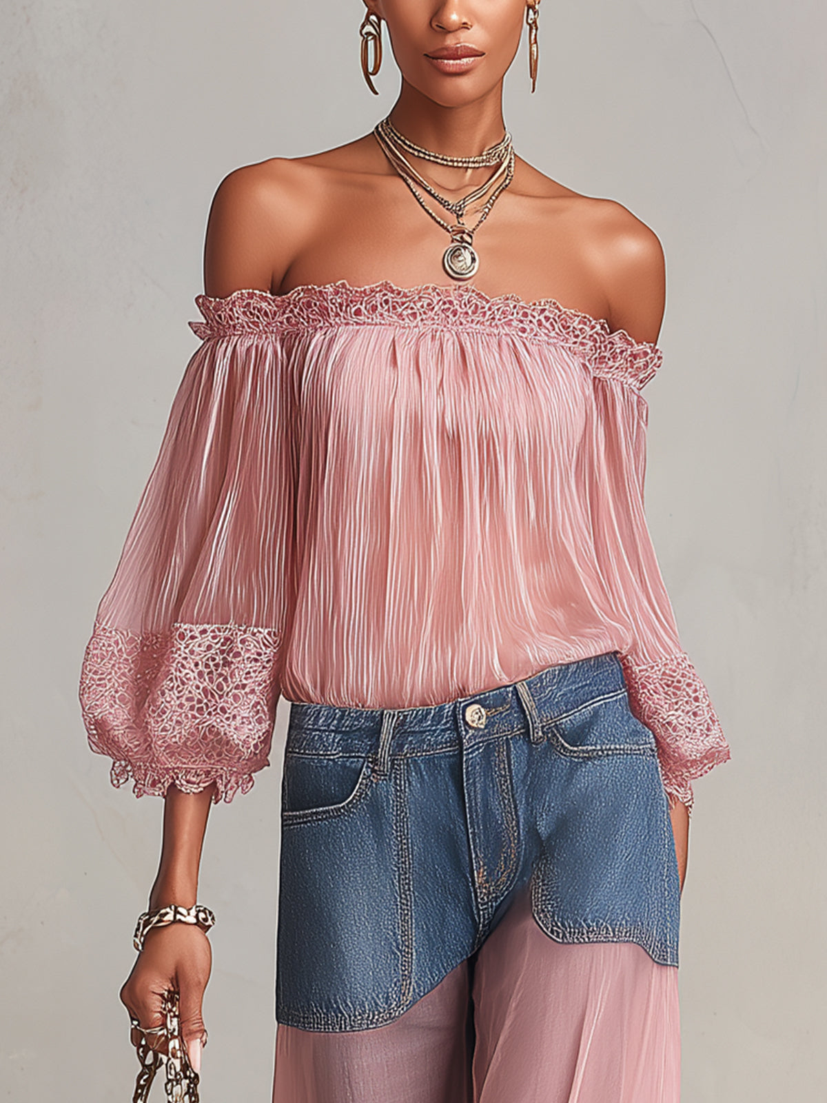 Pink Off-Shoulder Pleated Chiffon Blouse With Lace Trim
