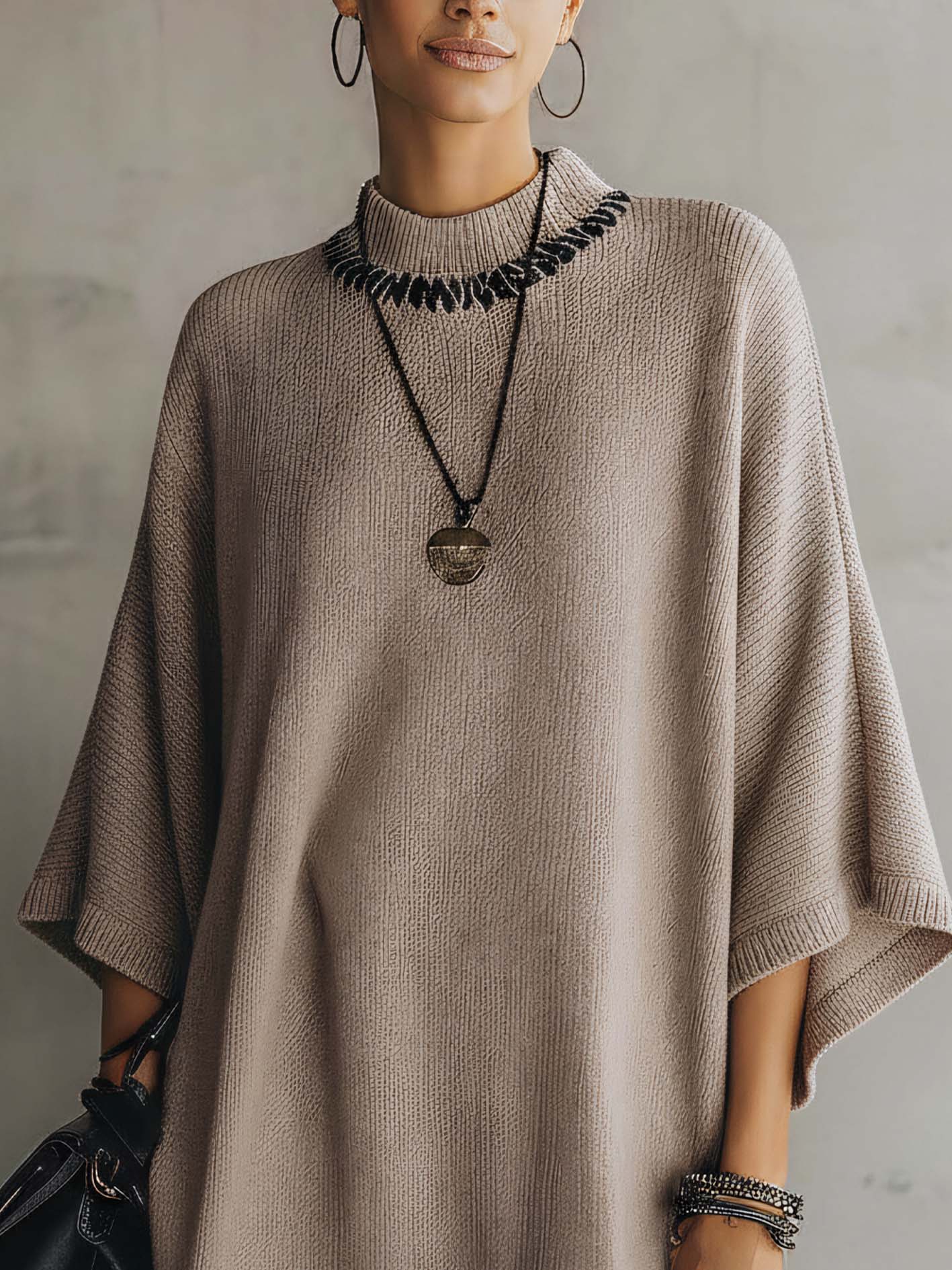 Deep Oatmeal Knit Mini Dress Loose Fit Soft Texture With Lace