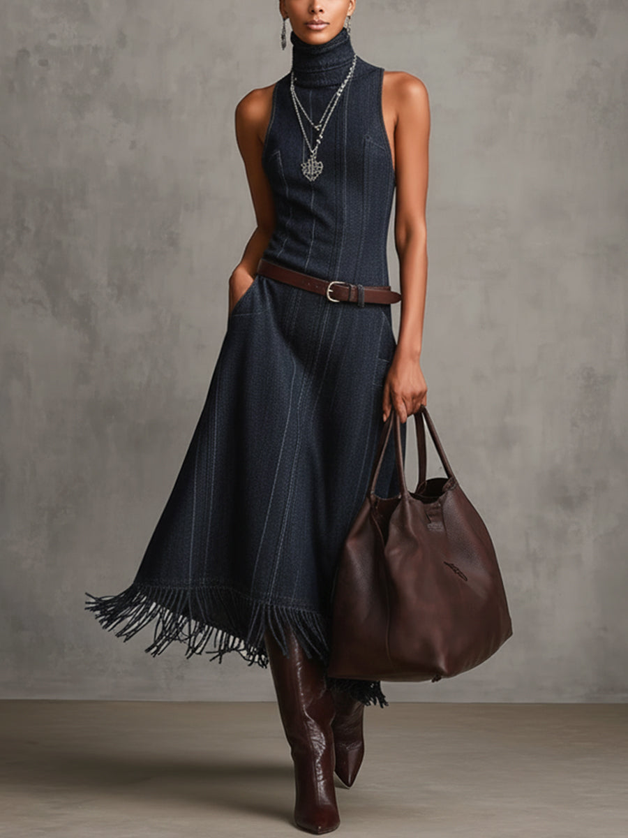 Blue Washed Cotton Sleeveless Turtleneck Dress With Fringe Hem And Belt