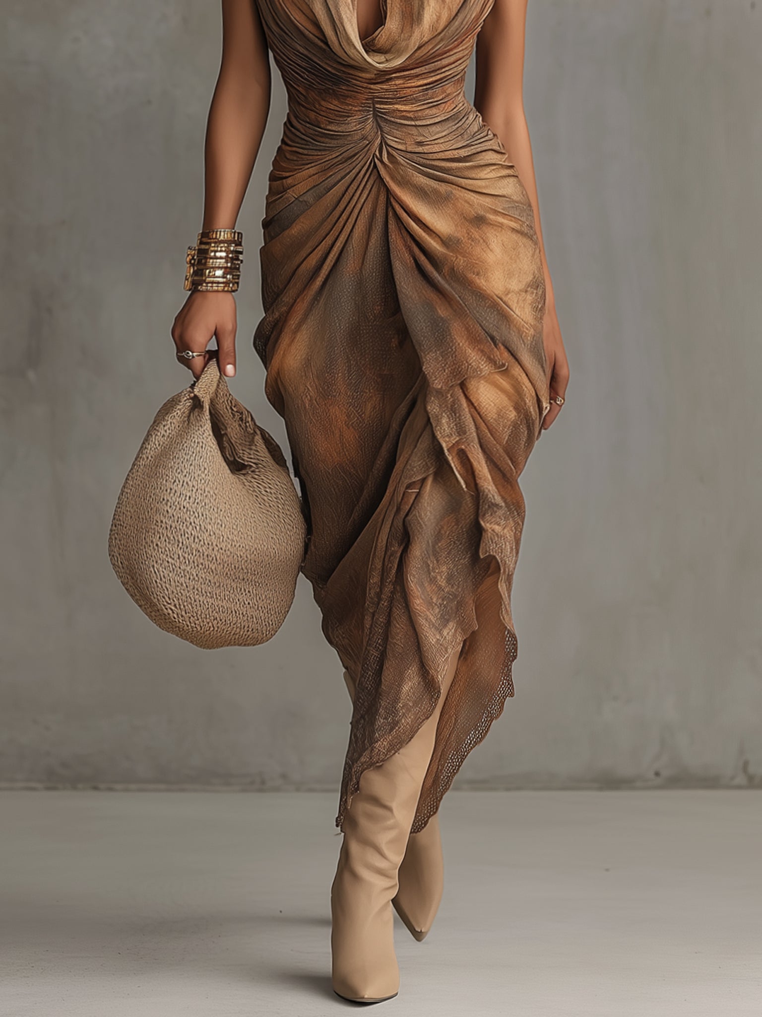 Brown Printed Cotton Deep V-Neck Lace Trim Dress