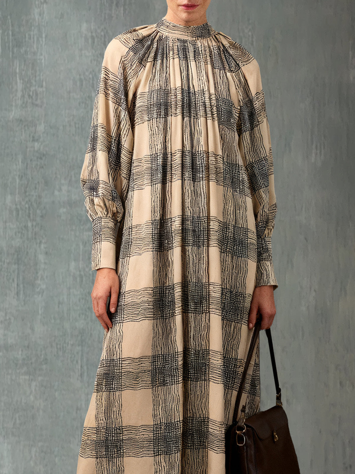 Beige Plaid Long-Sleeve Maxi Dress With High Neck