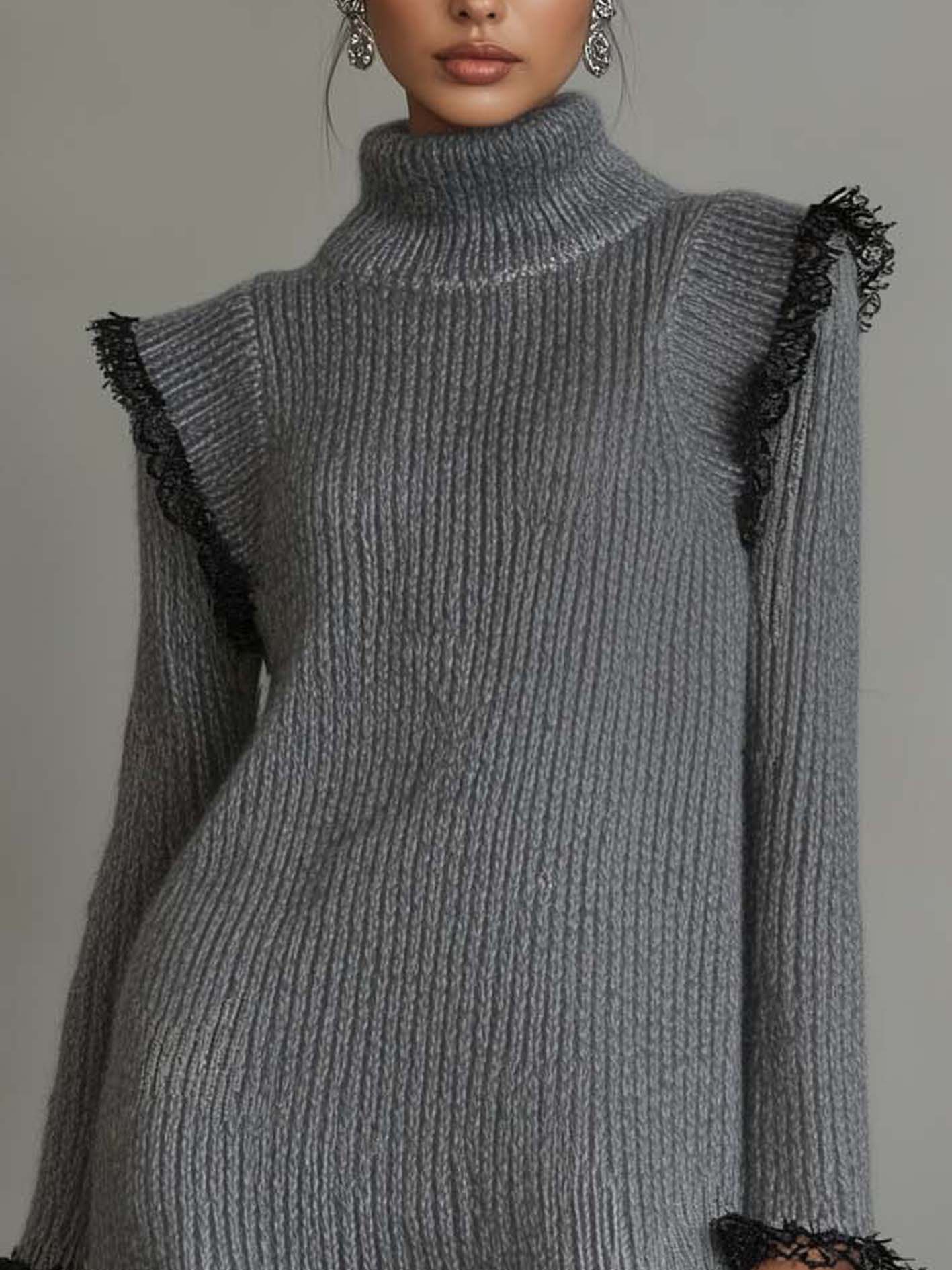 Gray Knitted Mini Dress With Black Lace Trim