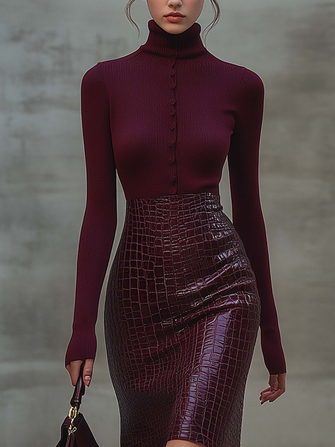 Burgundy Faux Leather Bodycon Dress With Patchwork Knit